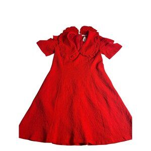 TCEC Womens Short Sleeve Ruffled Collar S red  A-Line Dress crinkle